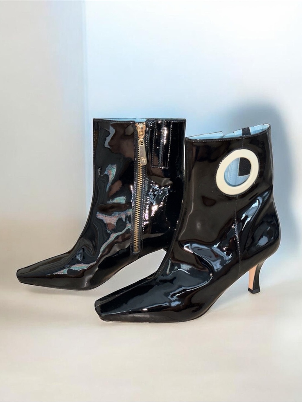 Frances Valentine Black Patent Leather Booties w/ White Cutout, Sz 6B